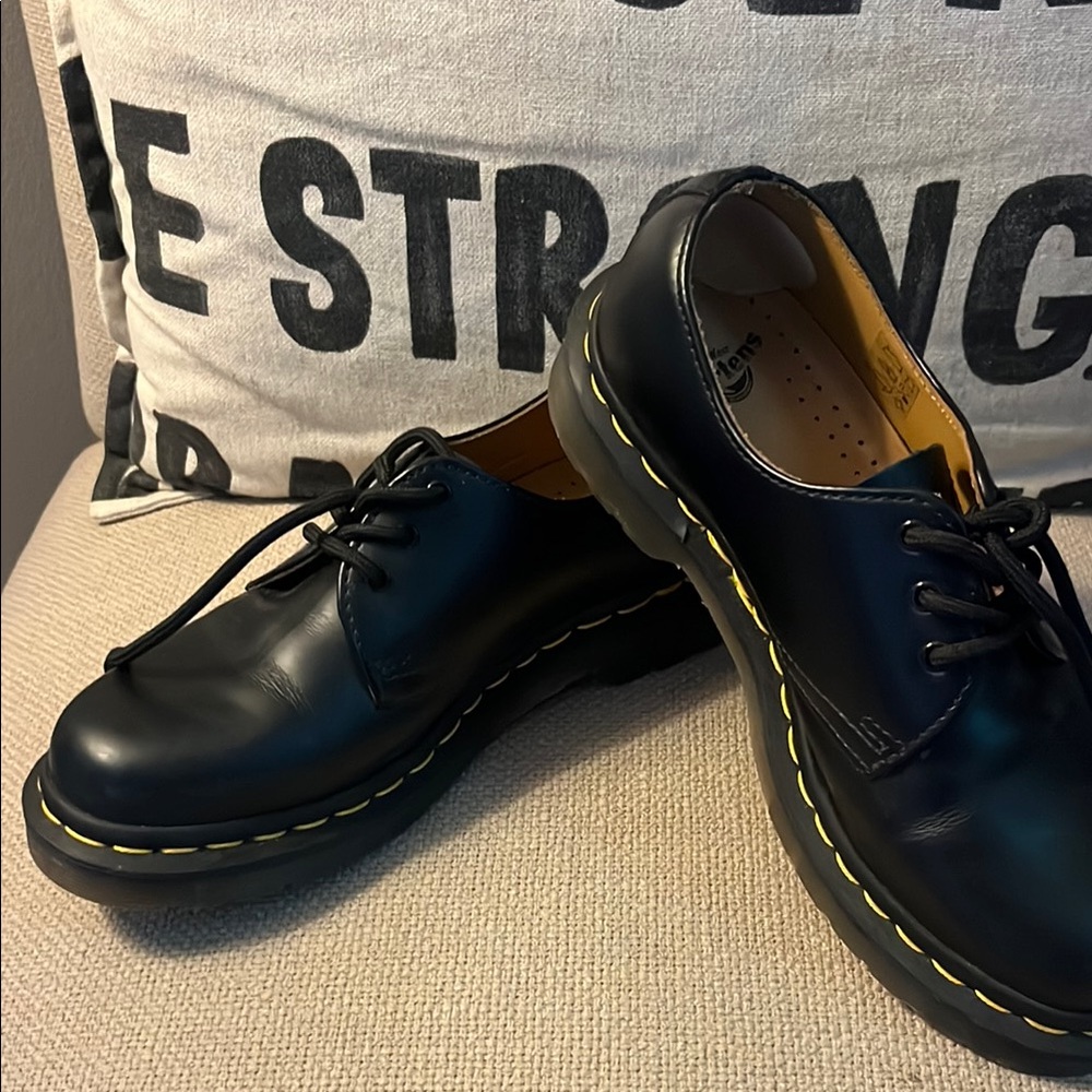 Dr. Martens Black Leather Oxfords with Yellow Stitching